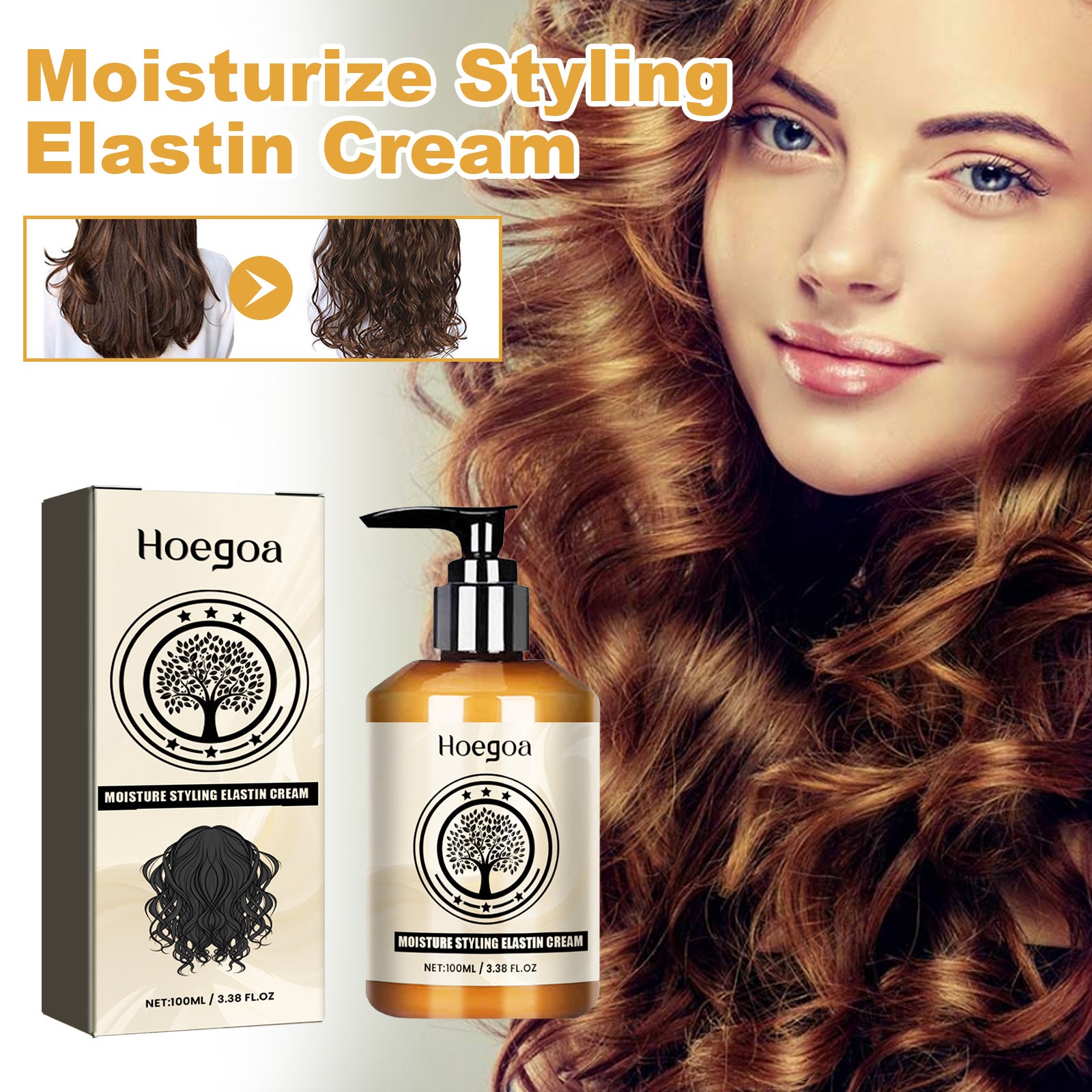 Hoegoa Moisturize Styling Elastin Cream, Curls Volumizing Shine Natural Puffiness Styling Conditioner